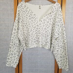 Intimately Free People Fleece Leopard Lounge Crop Long Sleeve Top LG